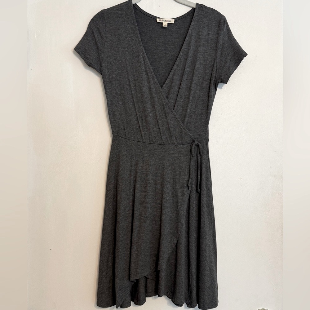 Gray Wrap V-Neck Dress with Tie Front